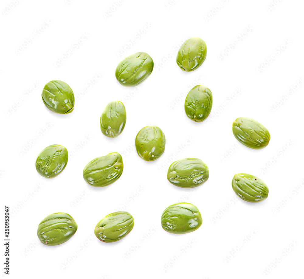 A wooden bowl of Stink Bean, also called Parkia speciosa, Bitter bean, isolated on white background A wooden bowl of Stink Bean, also called Parkia speciosa, Bitter bean, isolated on white background