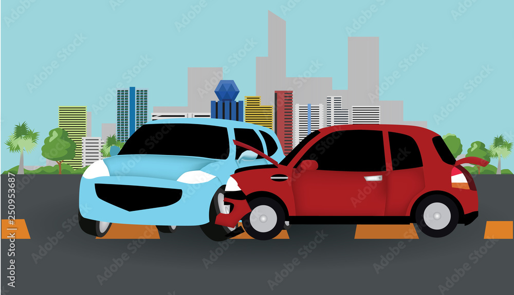 Two cars crashed on the road, suffered moderate damage. with background of Eco town.