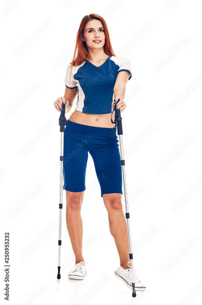 Slim healthy nordic walking woman training on white background Slim healthy nordic walking woman training on white background