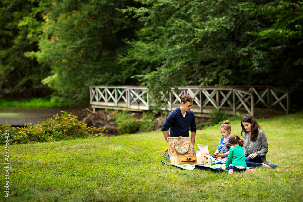Family with two children (2-3, 6-7) having picnic in forest 