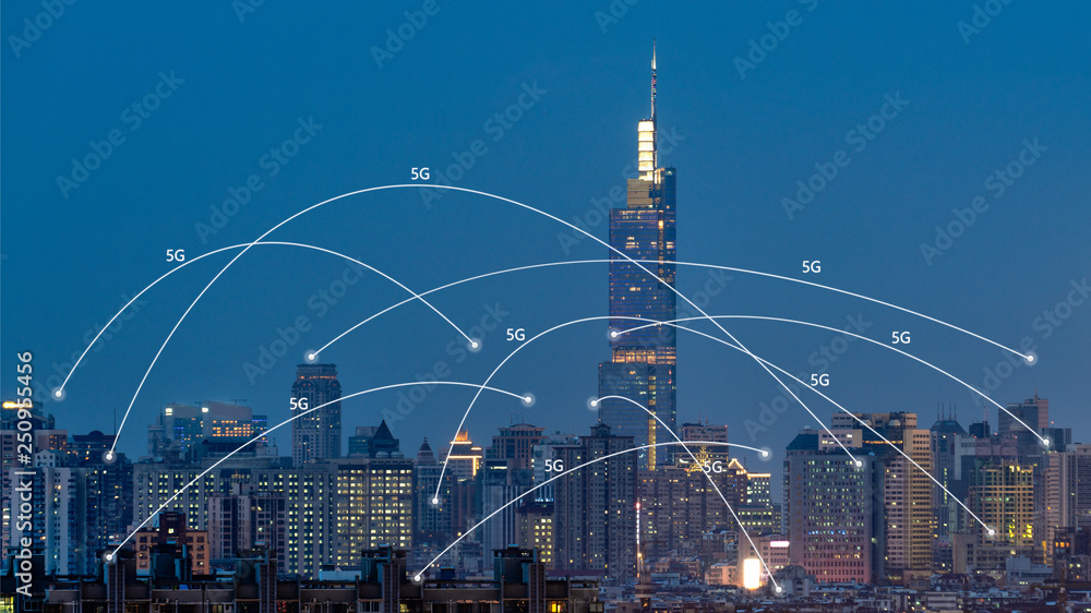 5G network wireless systems and internet of things with modern city skyline
