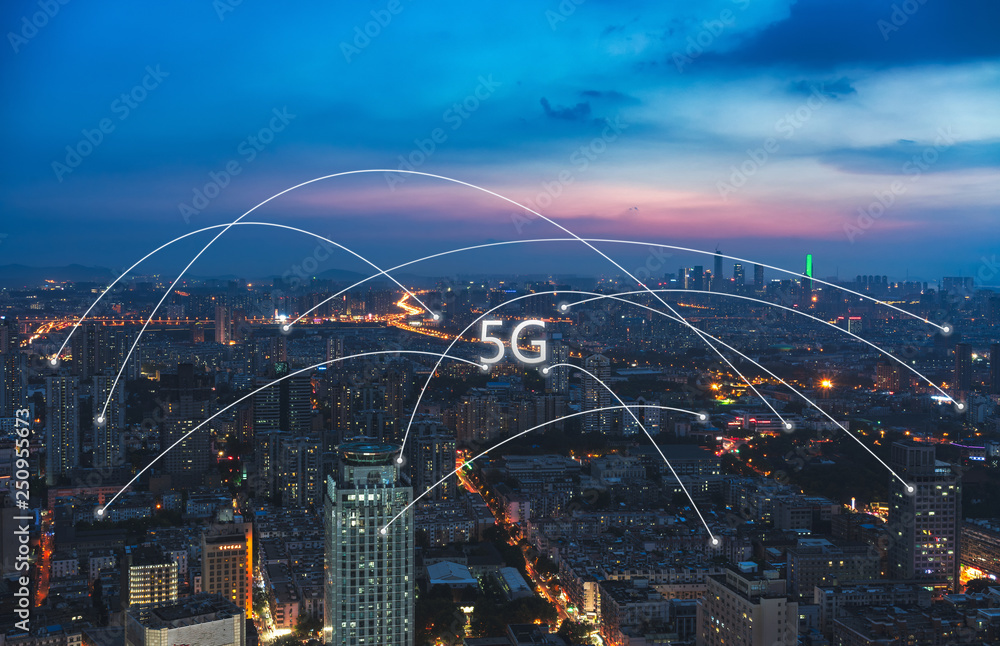 5G network wireless systems and internet of things with modern city skyline