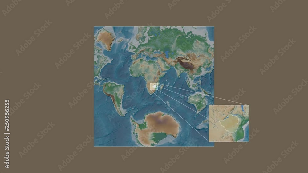Zimbabwe area framed and extracted from the global physical map in the van der Grinten I projection with animated oblique transformation Zimbabwe area framed and extracted from the global physical map in the van der Grinten I projection with animated oblique transformation