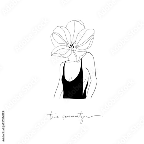 A girl with a flower instead of a head. isolated vector hand drawn, woman, one line, abstract sketch, lines drawing, figure of a woman or young girl.