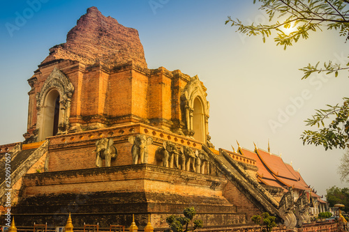 Old massive ruins pagoda of Wat Chedi Luang (temple of the big royal stupa), located in Chiang Mai, Thailand. Wat Chedi Luang was built in 1383 and the structure collapsed after an earthquake in 1545.