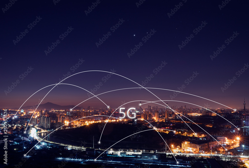 5G network wireless systems and internet of things with modern city skyline