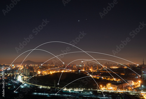5G network wireless systems and internet of things with modern city skyline photo
