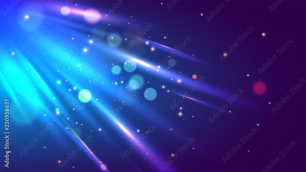 Shiny blue emerging rays with bokeh effect for futuristic technology based abstract motion background.