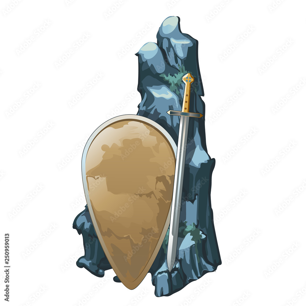 Shield and sword with stone is covered with silt isolated on white ...