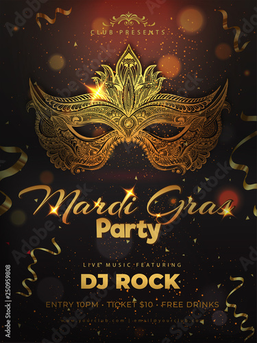 Mardi Gras Party invitation card design with illustration of party mask, time and venue details.