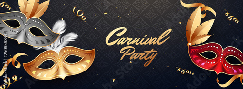 Header or banner design with illustration of party masks on black abstract background for Carnival Party celebration.