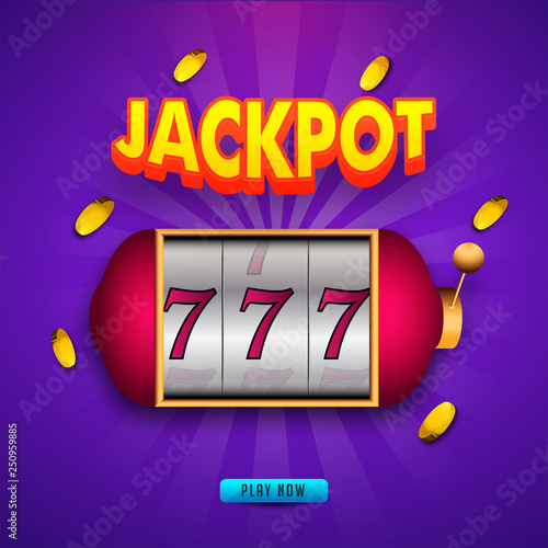 Realistic slot machine with gold coins on purple rays background for Jackpot banner or poster design.