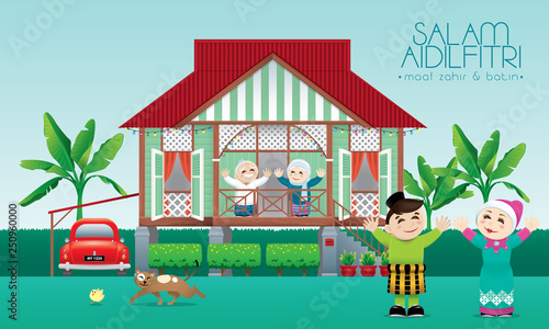 A Muslim family celebrating Raya festival in their traditional Malay style house. Caption: happy Hari Raya. Vector.