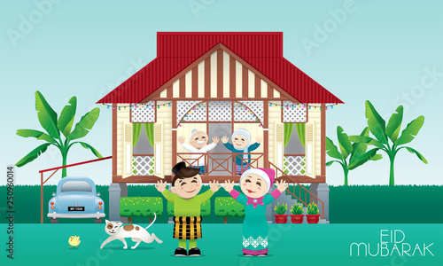 A Muslim family celebrating Raya festival in their traditional Malay style house. Caption: happy holiday. Vector.