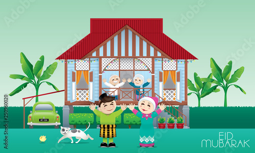 A Muslim family celebrating Raya festival in their traditional Malay style house. Caption: happy holiday. Vector.