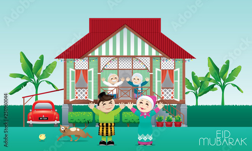 A Muslim family celebrating Raya festival in their traditional Malay style house. Caption: happy holiday. Vector.