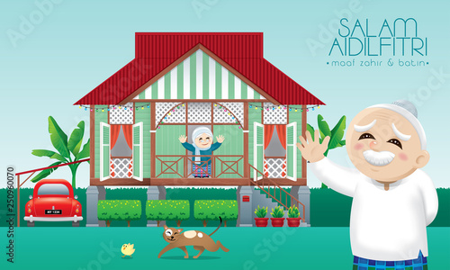 A Muslim family celebrating Raya festival in their traditional Malay style house. Caption: happy Hari Raya. Vector.