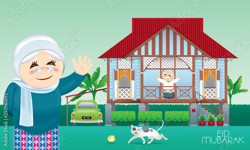 A Muslim family celebrating Raya festival in their traditional Malay style house. Caption: happy holiday. Vector.