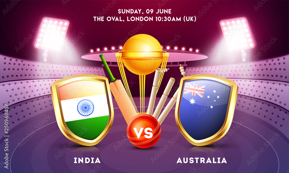 Cricket match between India vs Australia with country flag shields and