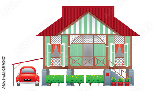A beautiful traditional wooden Malay style village house. With an antique car. Isolated. Vector. 