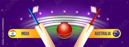 Website header or banner design, cricket match between India vs Australia with illustration of bats and ball on night stadium background.