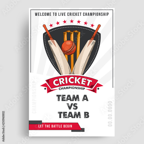 Flat style Cricket Championship template design with cricket bats, ball and wicket stump on white background.