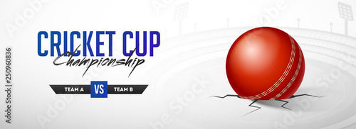 Cricket Championship header or banner design with realistic cricket ball on stadium background.