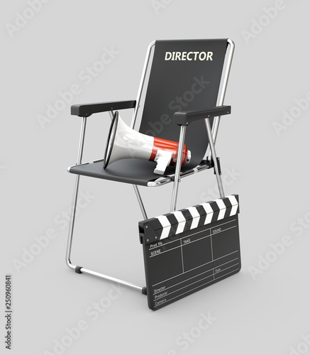 3d Illustration of movie director chair with clapperboard and megaphone photo