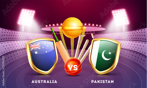 Cricket tournament participant country Australia vs Pakistan with illustration of champion trophy, cricket bat and ball on night stadium view background.