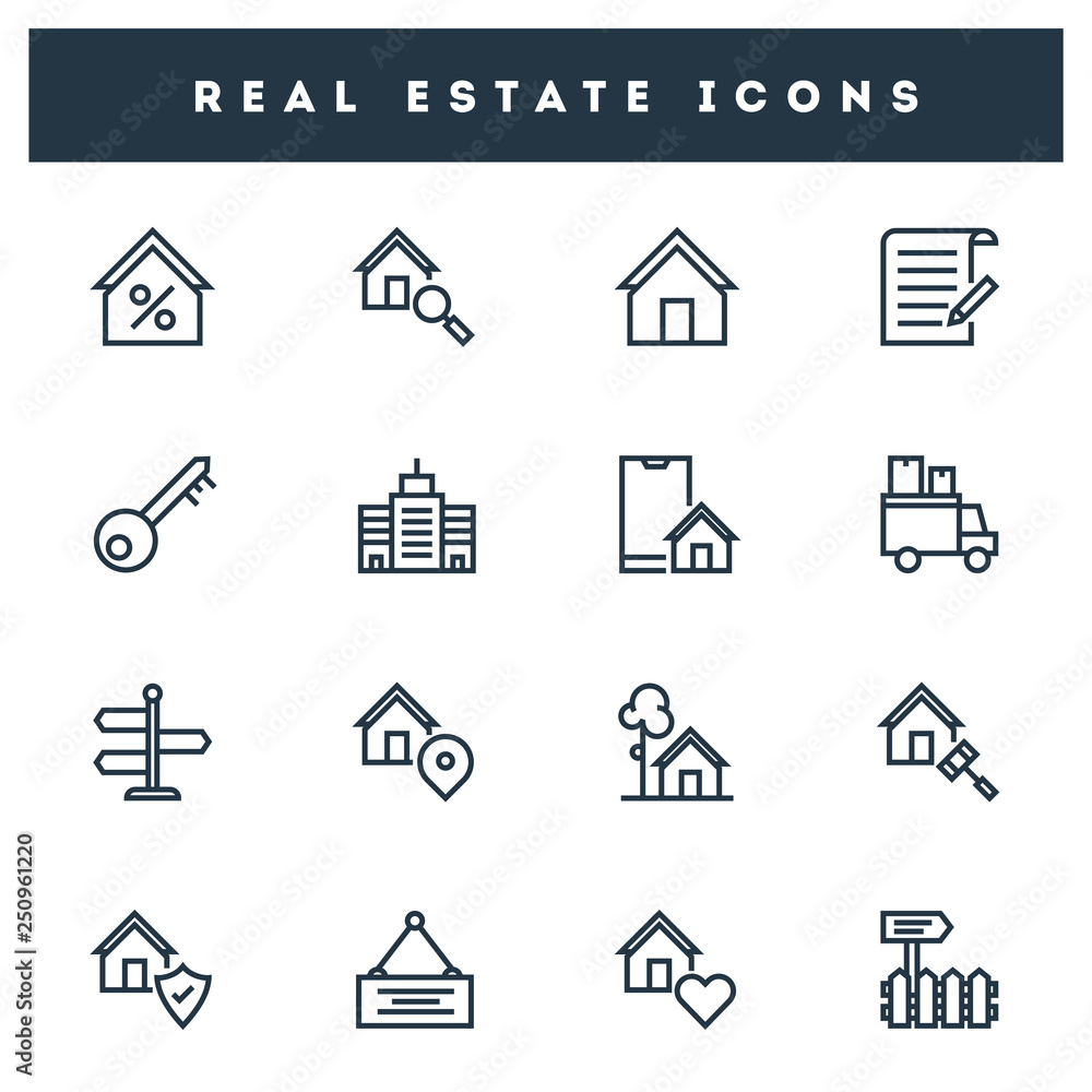 Set of real estate icon in line art.