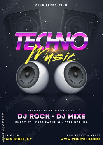 Techno music party template with illustration of realistic speakers.