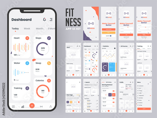 Fitness app material design with flat ui web screens including sign in, create profile, workout and statistics features for mobile apps and responsive website. photo