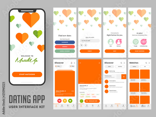 Dating app user interface layout for responsive mobile app or website with including user category, details, place and marriage profile screens layout.