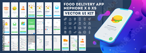 Food delivery mobile app ui kit including sign up, food menu, booking and home service type review screens.