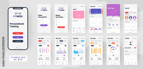 Fitness mobile app material design with different gui screens including sign create profile, workout and statistics features.