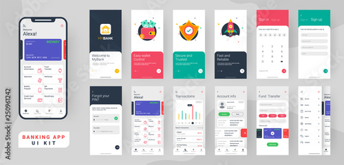 Banking app ui kit for responsive mobile app or website with different layout including login, create account, user profile, transaction and notification screens.