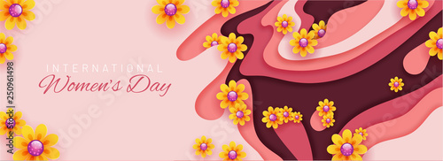 Paper cut style header or banner design decorated with realistic flowers for International Women's Day celebration concept.