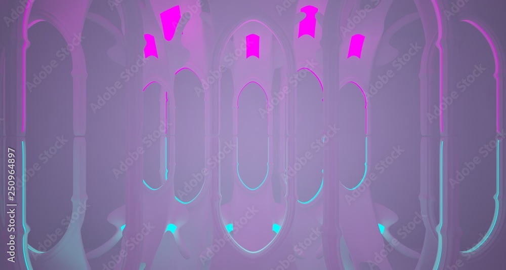Abstract  white Futuristic Sci-Fi Gothic interior With Pink And Blue Glowing Neon Tubes . 3D illustration and rendering.