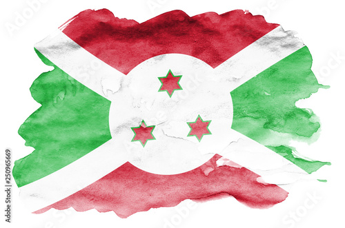 Burundi flag  is depicted in liquid watercolor style isolated on white background photo