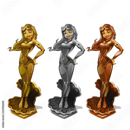 Set of golden, silver, bronze statuettes for awards the most beautiful girl diver isolated on white background. Beauty contest female athletes. Vector cartoon close-up illustration.