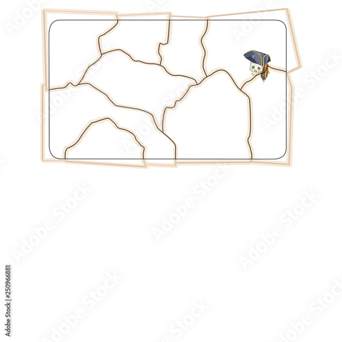 A sketch in the form of glued fragments of a torn pirate map with space for text or image. Vector cartoon close-up illustration.