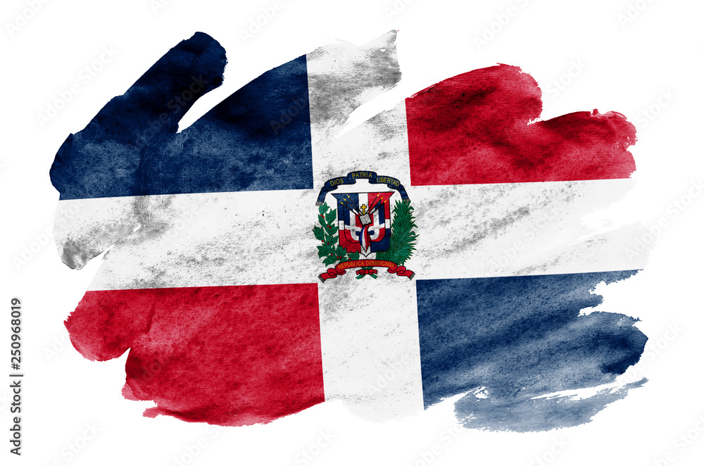 Dominican Republic flag  is depicted in liquid watercolor style isolated on white background - obrazy, fototapety, plakaty 