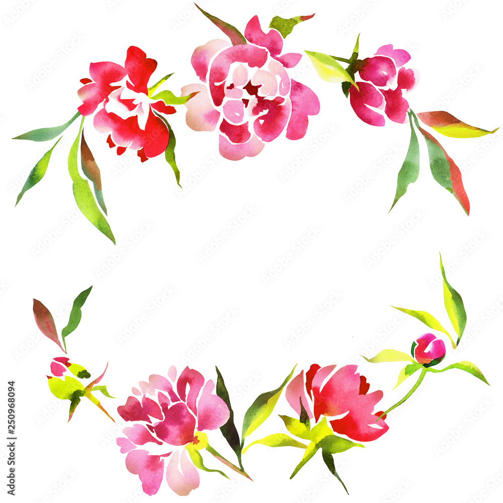 Watercolor floral wreath made of peonies Isolated on white. 