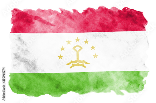 Tajikistan flag  is depicted in liquid watercolor style isolated on white background photo