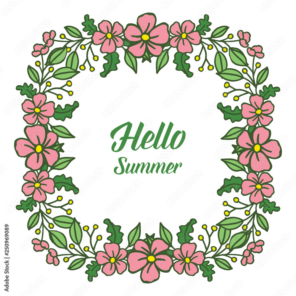 Vector illustration greeting card hello summer with pink flower art hand drawn