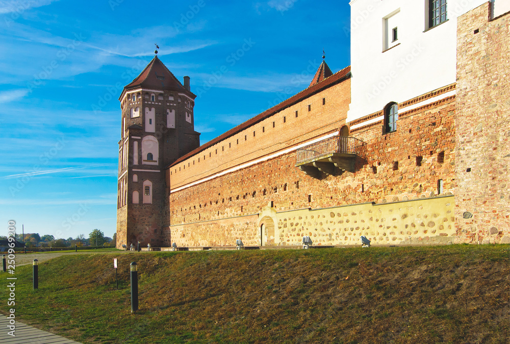Republic of Belarus. Wall and tower of the Mir castle