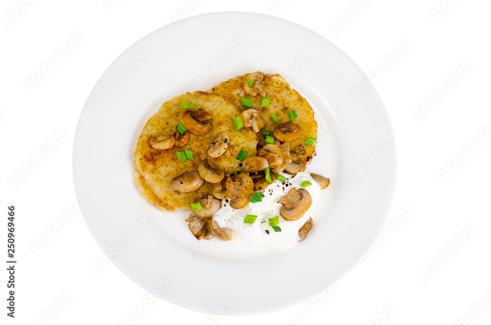 Plate with potato pancakes, fried mushrooms, isolated on white background. Plate with potato pancakes, fried mushrooms, isolated on white background.