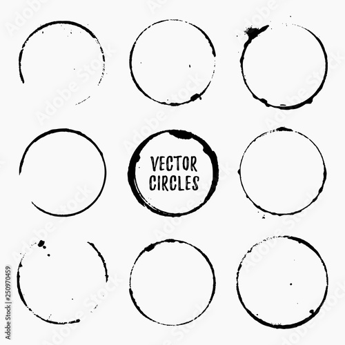 Grunge ink circles. Vector coffee rings.