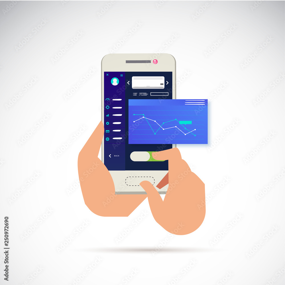 hand with smartphone, remote control device - vector hand with smartphone, remote control device - vector