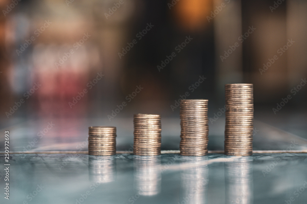 step of coins stacks, money, saving and investment or family planning concept.